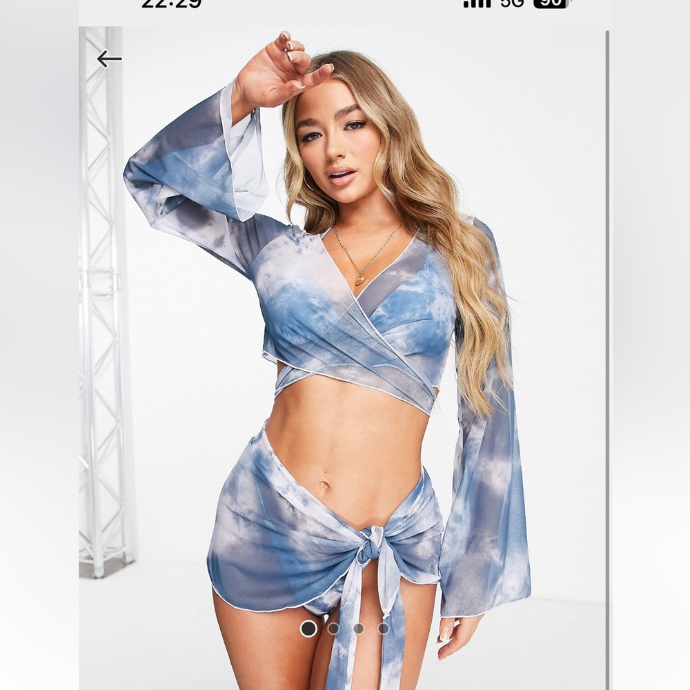 4pc blue tie dye string bikini with sarong and tie top